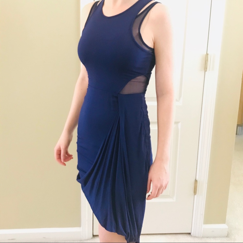 Blue BCBG Asymmetrical Dress with Mesh Cutouts